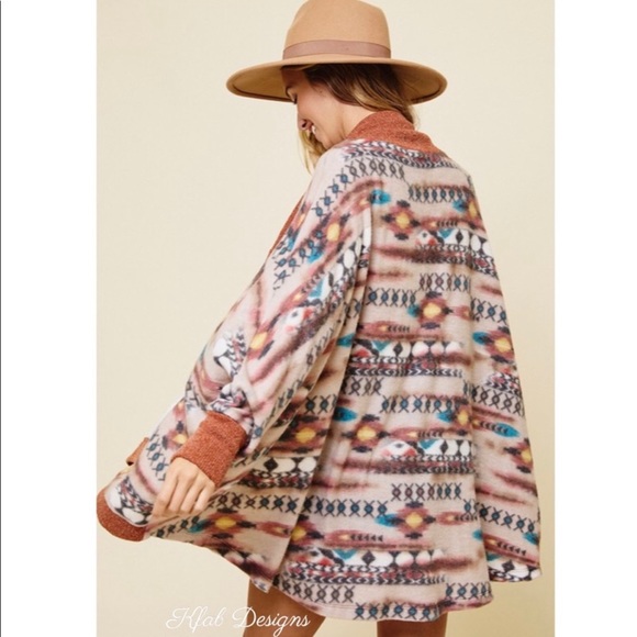 New!Sale❤️Rust Contrast Tribal Aztec Print Cuff Detail Design Open Soft Cardigan - Picture 4 of 6
